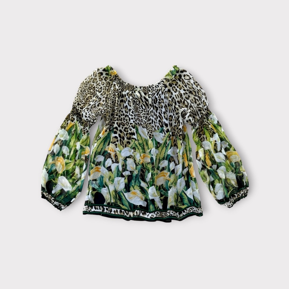 00s Designer Alberto Makali Floral Leopard Silk Blouse S